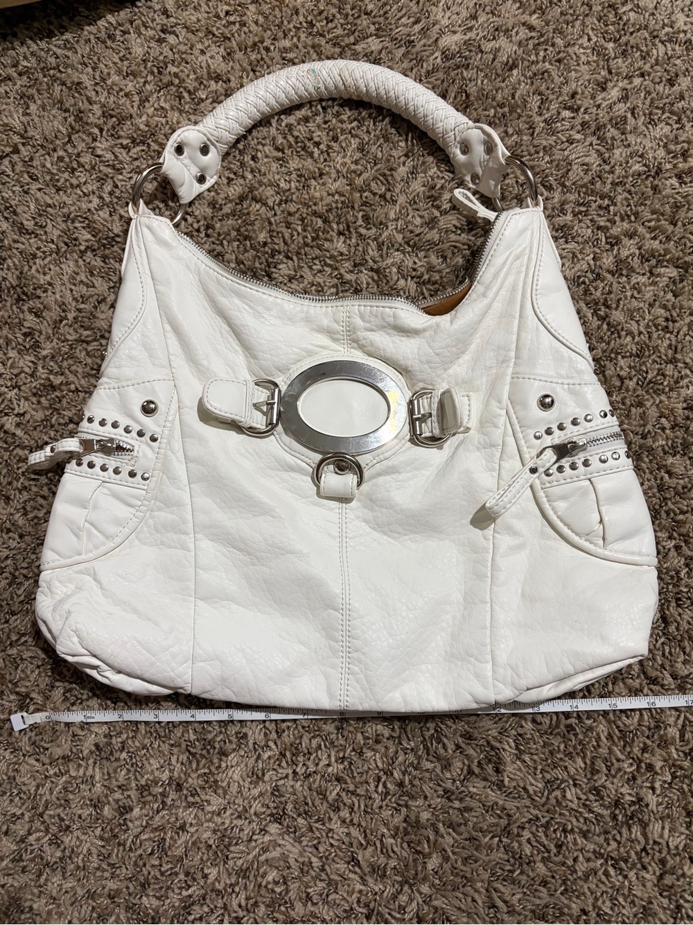 Black Rivet white leather studded shoulder bag